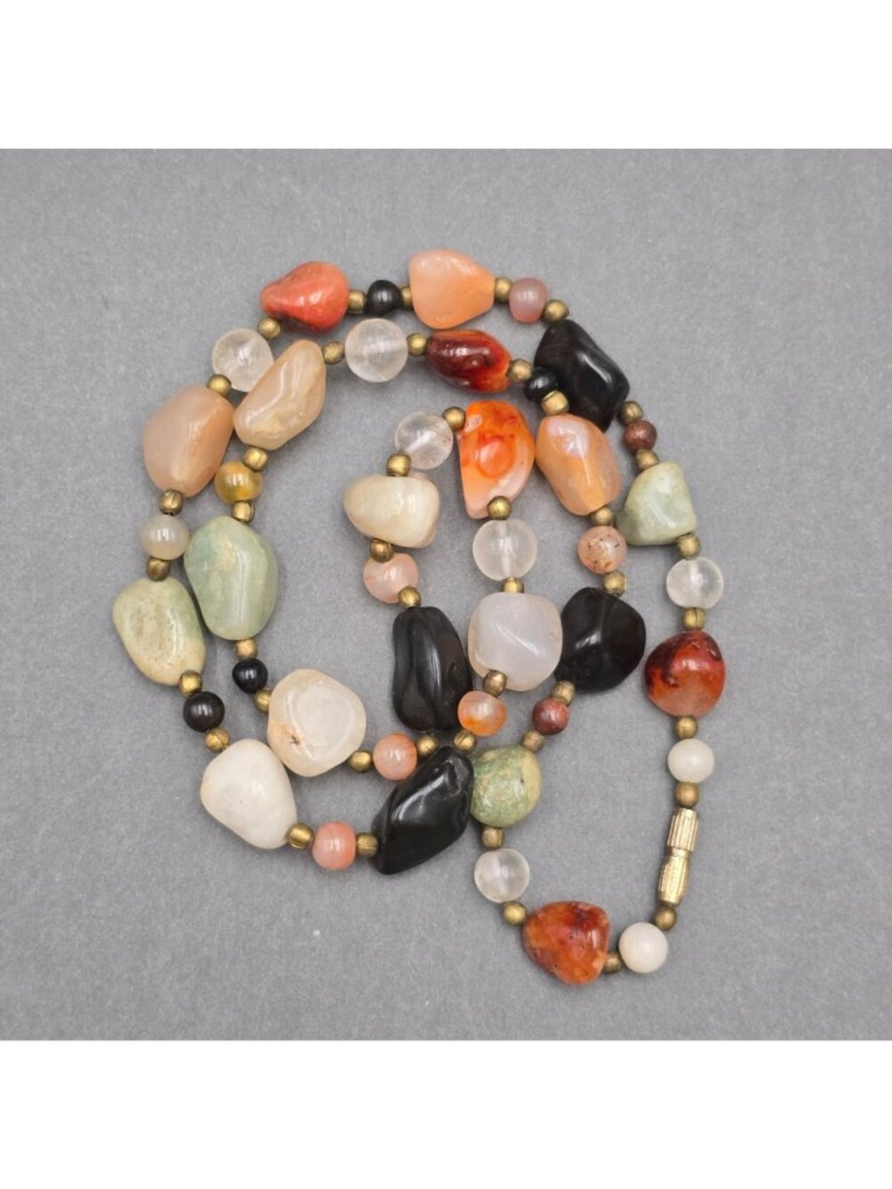 Vintage Multi Gemstone Beggar Bead Necklace 20" Natural Stone Brass Accents - Picture 10 of 11
